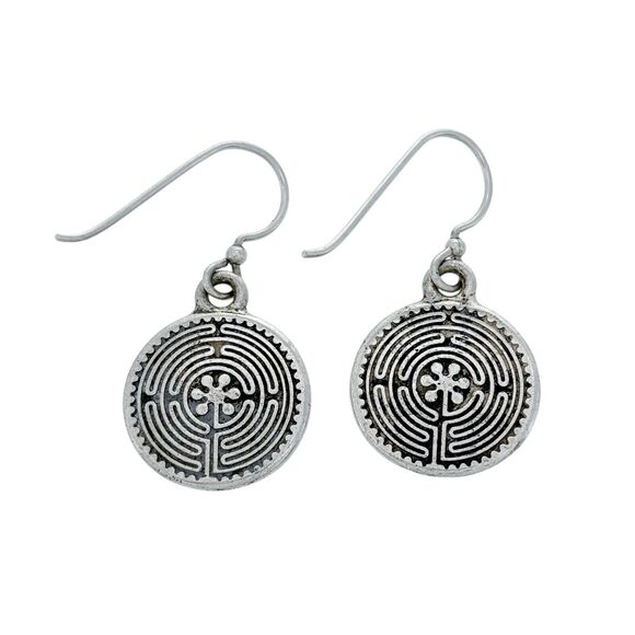 Vintage Silver-Plated Labyrinth Design Dangle Earrings - Picture 2 of 4